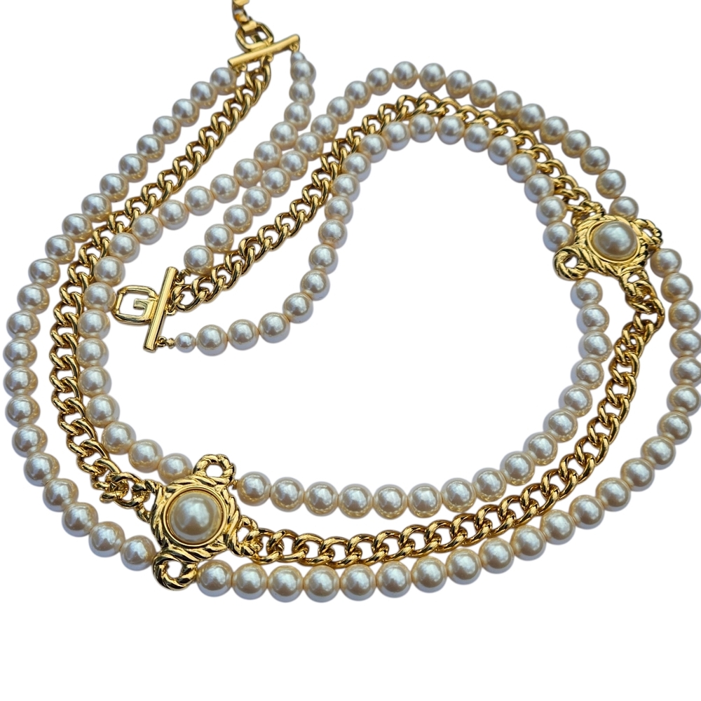 Vintage Givenchy Necklace Multistrand Faux Pearl Gold Chain Dressy Gala Necklace - Picture 11 of 16